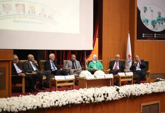 Some snapshots from the panel discussion held at the Al Andalus University auditorium as part of the events of the 35th Conference of the Arab Doctors Union in Europe.